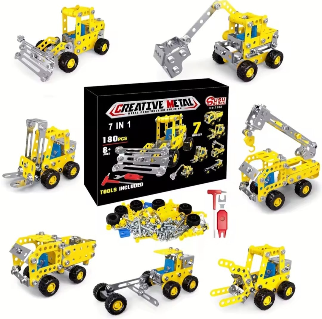 7-in-1 Metal Building Blocks Kit (Yellow) – Construction Vehicle STEM Set