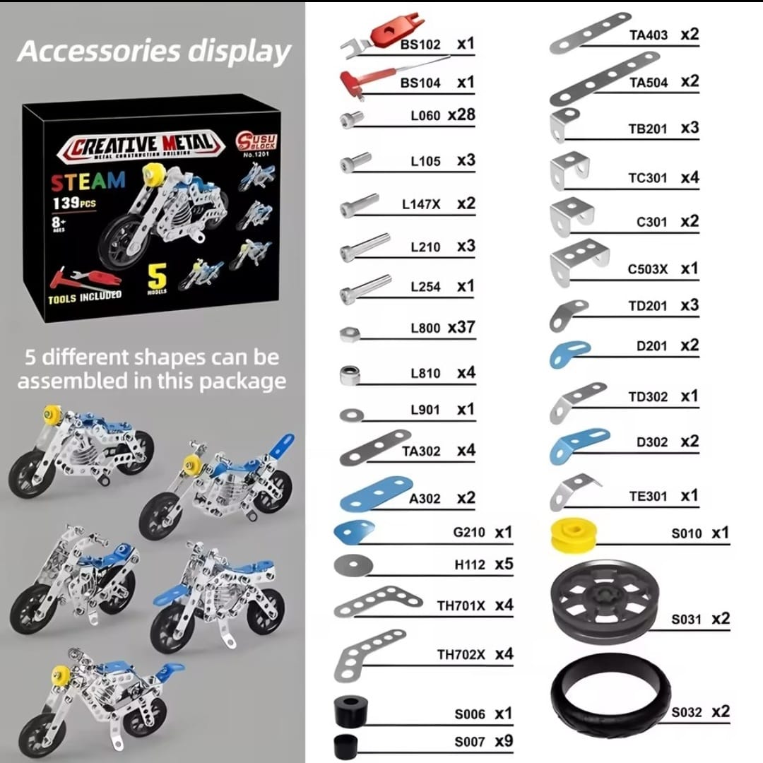 Erector Set Motorcycle – STEM Metal Building Construction Model Kit (5-in-1 Variable Motorbike)